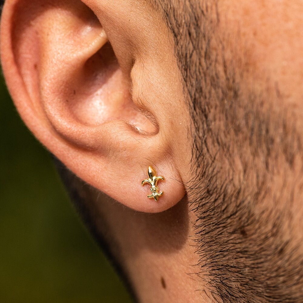 Mens Earrings, Mens Stud Earrings, Gold Stud Earrings, Fleur De Lis Stud, Mens Gold Earrings, Mens Jewelry Silver Studs - By Twistedpendant