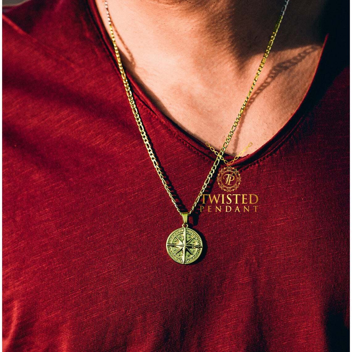 Mens Necklace 18K Gold Compass Necklace Gold Pendant Men Etsy