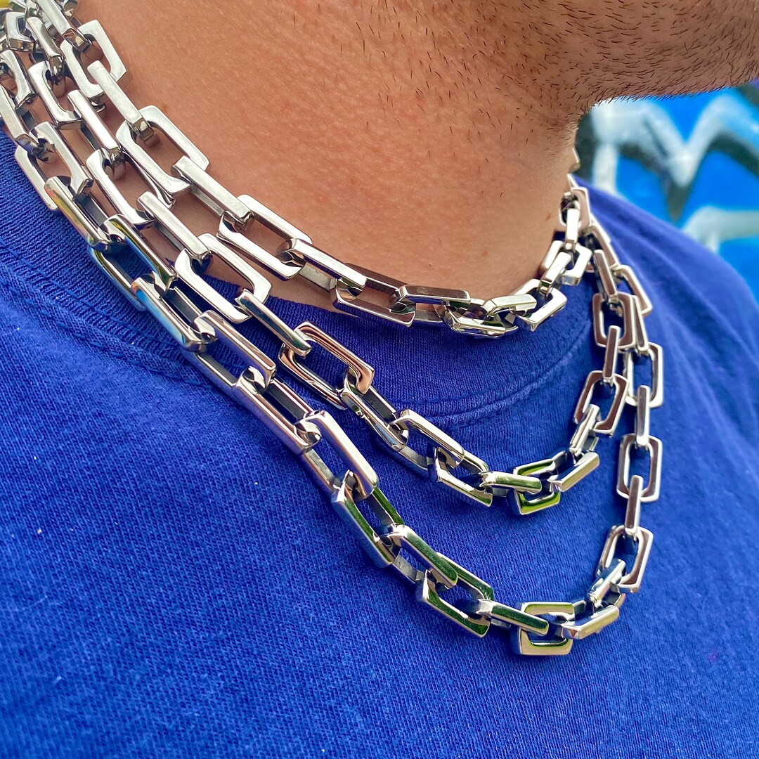 Mens Silver Chain Necklace, Screw Lock Thick Choker Chain Mens Necklace