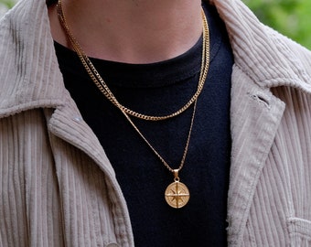 Collana con medaglione a forma di bussola con stella polare in oro massiccio 14K - Italia