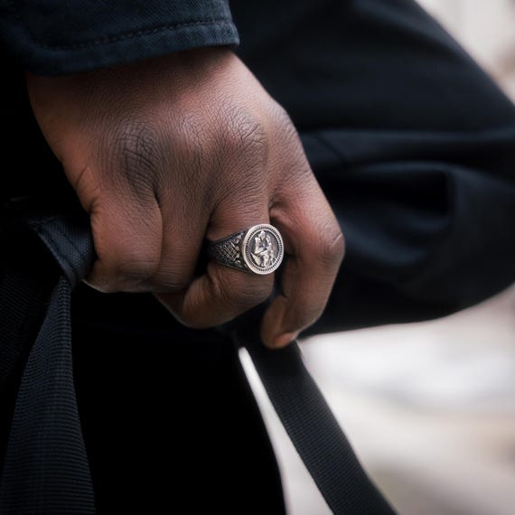 Mens Ring - Silver Saint Christopher Signet Ring - Vintage