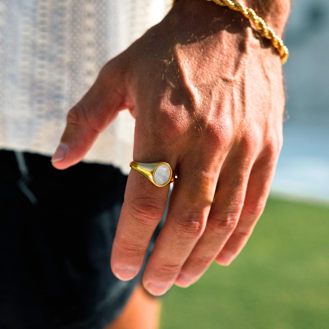 Mens Ring - Gold Signet Ring - Pearl Gemstone Signet Ring for Men ...