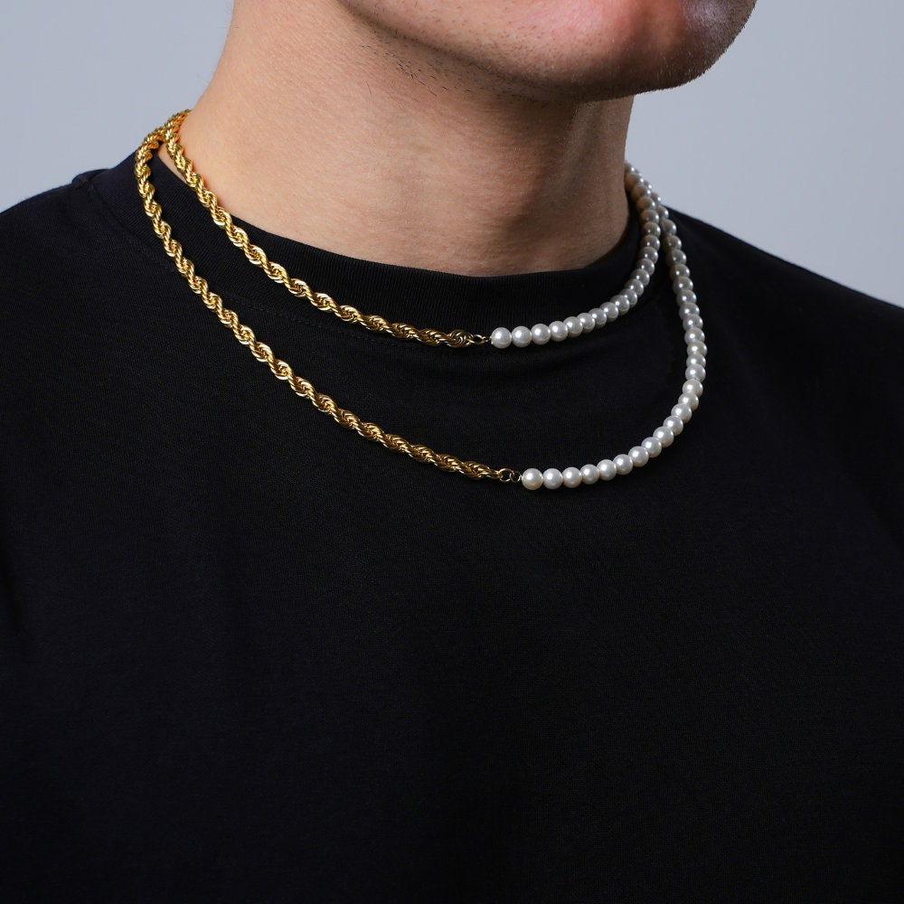 Mens Pearl Necklace - Silver Half Pearl Silver Rope Chain - Half