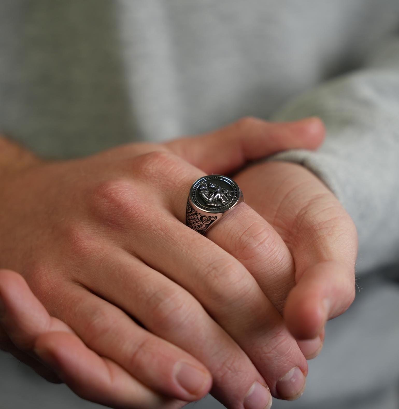 Mens Ring - Silver Saint Christopher Signet Ring - Large Vintage