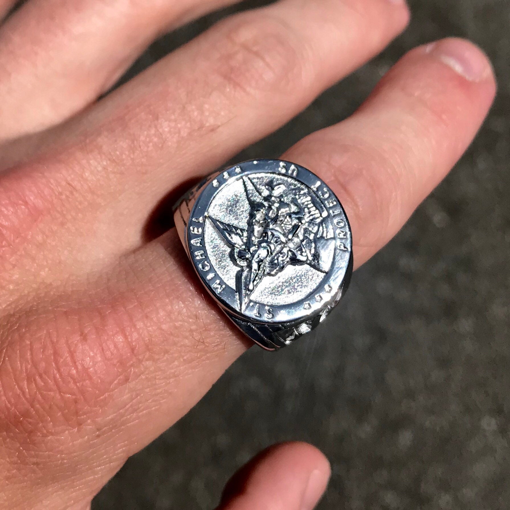 Mens Silver St Michael Ring Signet Sovereign Jewelry Gift 