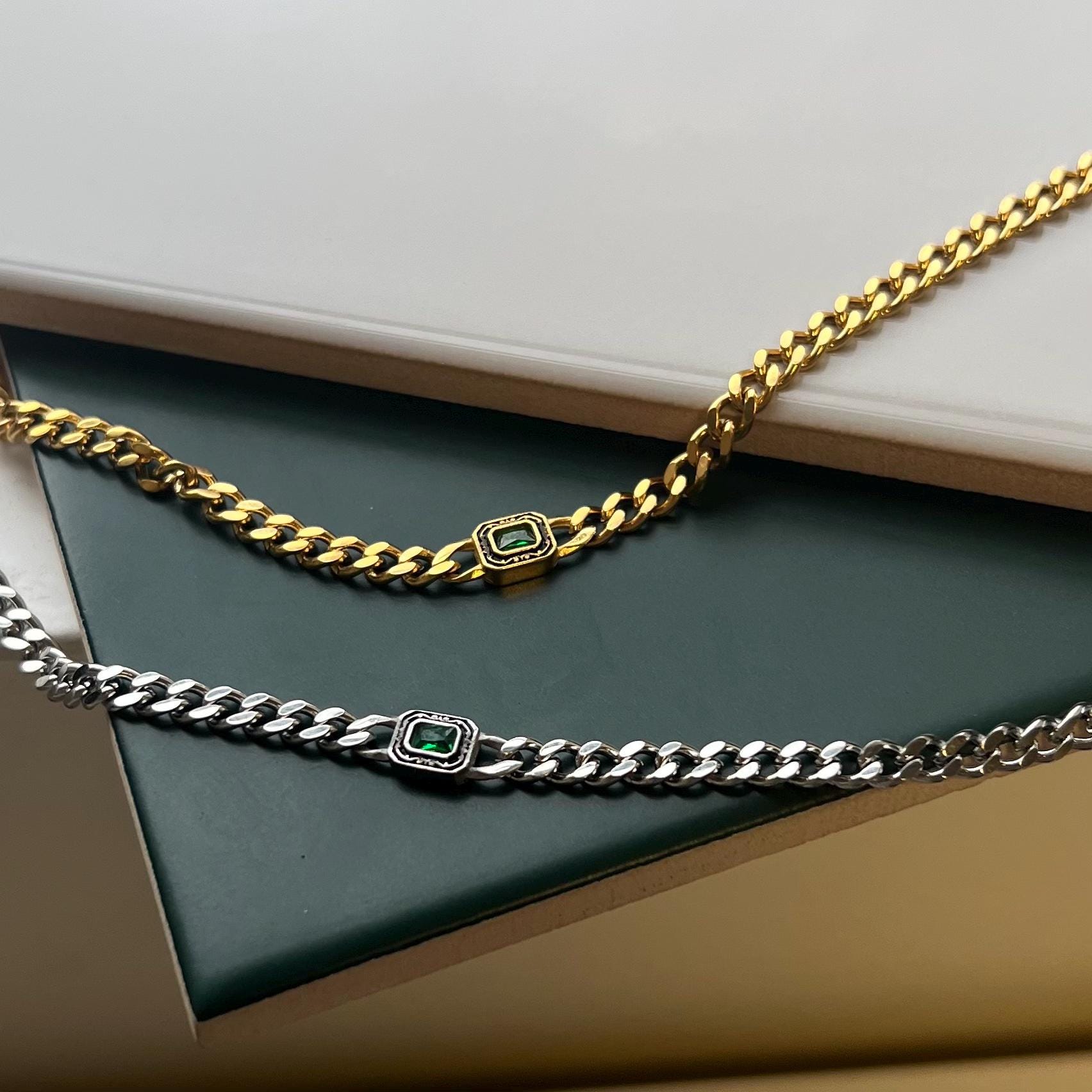 Silver Green Vintage Gem Necklace 4mm Curb Chain Necklace for Men Silver Green Vintage Gem Necklace 4mm Curb Chain Necklace for Men