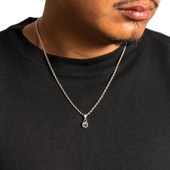 Silver Moss Agate Pendant Necklace For Men - Minimal Square Moss Agate Gemstone Necklace - Mens Silver Necklace - Mens Jewellery Gifts UK