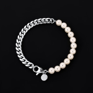 Pulsera de concha y perla para hombre, pulsera de perla de 6 mm, pulsera gruesa de plata, joyería para hombre, pulseras de perla para hombre, pulseras para hombre