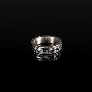 Mens Ring - Thin Greek Key Band Ring For Men, Silver Roman Pattern Ring