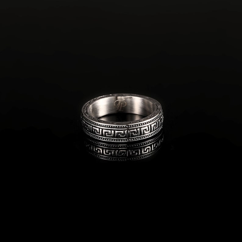 Mens Ring - Thin Greek Key Band Ring For Men, Silver Roman Pattern Ring