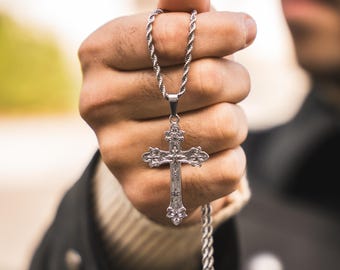 Opium Silver Cross Necklace Pendant, Y2K Cross Chain Men, Shiny