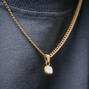 Gold Gem Necklace - Mens Gold Pendant Necklace - 18K Gold Plated Pendant With Chain - White Charm Necklace Mens Jewelry By Twistedpendant