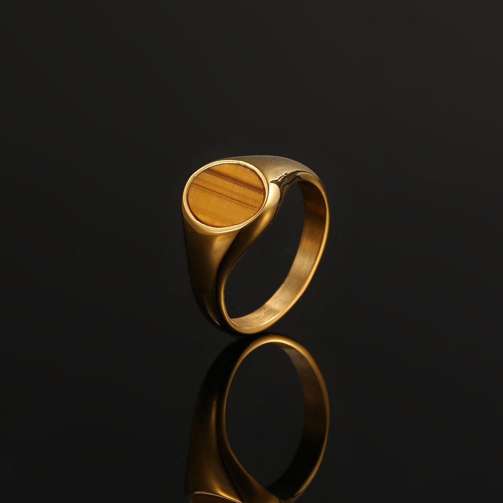 メンズリング - タイガーアイ シグネットリング - 18K ゴールドメッキ