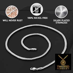 May include: Silver-plated stainless steel curb chain necklace with a twisted pendant. The chain is 100% nickel free and will not rust.