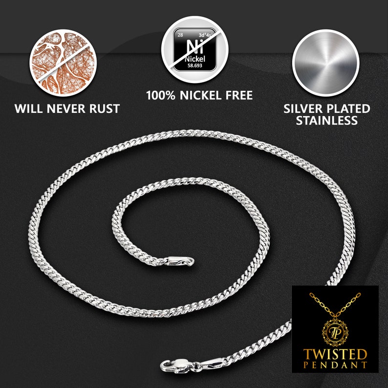 May include: Silver-plated stainless steel curb chain necklace with a twisted pendant. The chain is 100% nickel free and will not rust.
