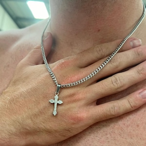 Cross Necklace - Silver Cross Necklace For Men - Small Steel Christ / Crucifix Pendant - Silver Cross Chain Pendant- Mens Cross On 3mm Chain