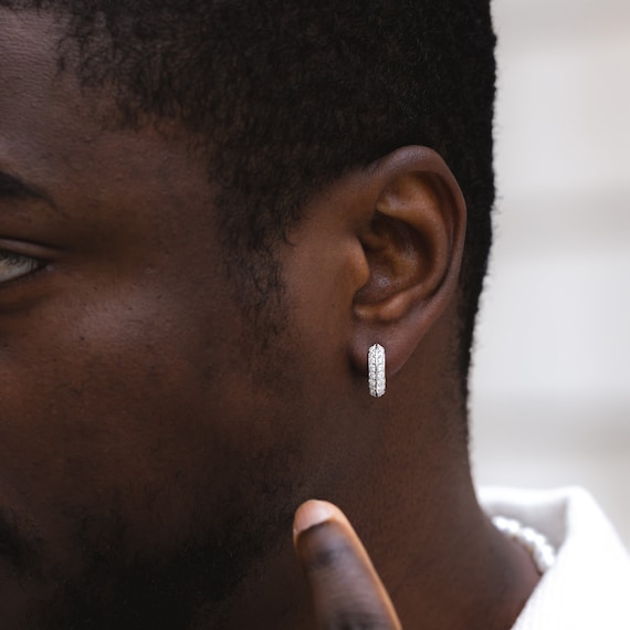 Mens Earrings Silver Moissanite Hoop Earrings for Men- VVS1 - Main Image