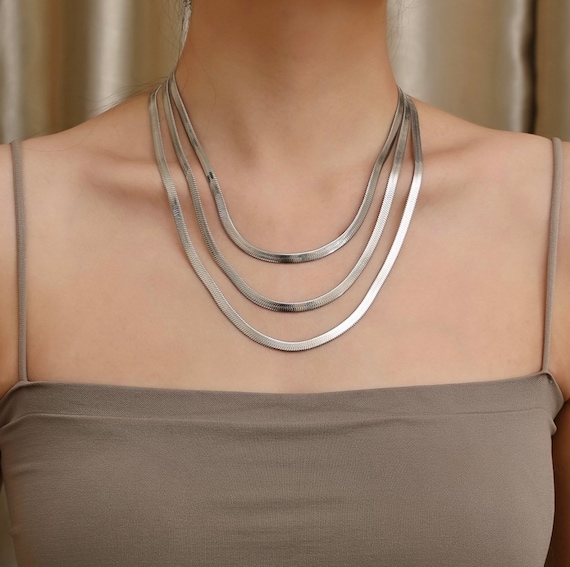 Silver Snake Chain Necklace, Silver Herringbone Chain, Thick