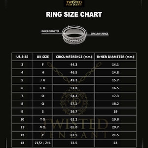 May include: A ring size chart with a black and white ring in the top left corner. The chart shows US ring sizes, UK ring sizes, circumference in millimeters, and inner diameter in millimeters.