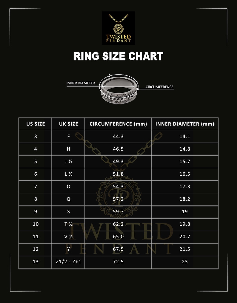 May include: A ring size chart with a black and white ring in the top left corner. The chart shows US ring sizes, UK ring sizes, circumference in millimeters, and inner diameter in millimeters.