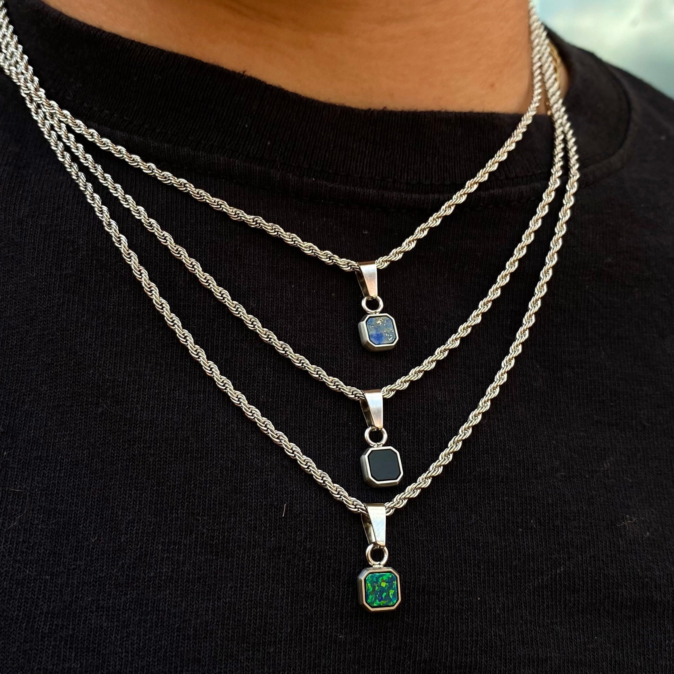 Mens Necklace Silver Pendant Men Gemstone Pendant Necklace Men Mini Onyx Lapis Lazuli Opal Pendants for Men by Twistedpendant Etsy
