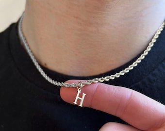 Silver Chain With Initial Pendant Necklace - Mens Necklace - Personalised Letter Necklace - Silver Rope Chain & Initial Charm - Mens Jewelry