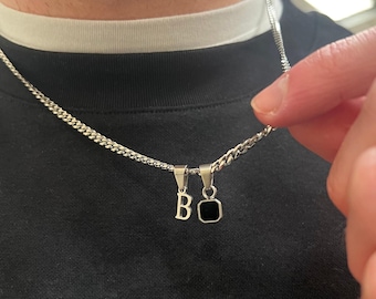 Mens Necklace - Silver Initial Necklace For Men, Onyx Chain Pendant & Initial Letter Pendant - Black Onyx Necklace - Initial Chain With Gem