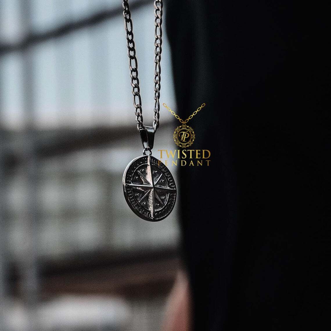 Compass North Star Pendant Stainless Steel Silver Figaro