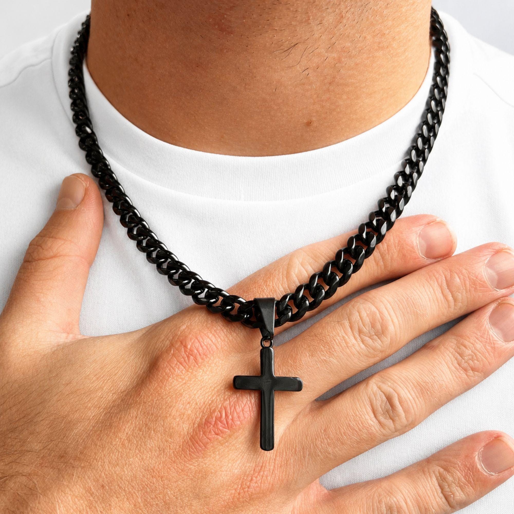 Mens Necklace, Black Cross Pendant Men, Thick Black Chain Cross