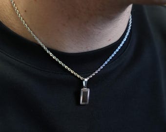 Silver Frame Pendant Necklace - Mens Silver Rectangle Necklace - Polished Stainless Steel Pendant - Mens Jewelry - Silver Chain Pendant Gift