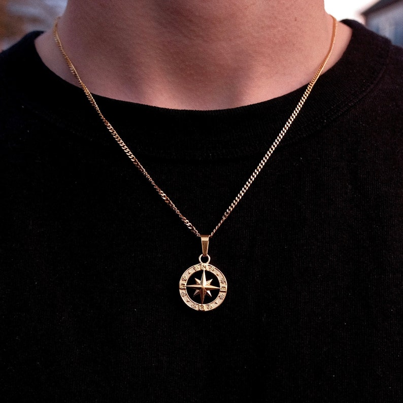 18K Gold Compass Necklace Gold North Star Pendant Mens Etsy UK