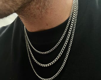 4mm Cuban Chain Necklace - Silver Cuban Link Chain For Men - Silver Stainless Steel Chain - Mens Chain - Mens Jewelry By Twistedpendant