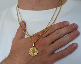 18K コンパスネックレス、メンズゴールドコンパスネックレス、メンズ
