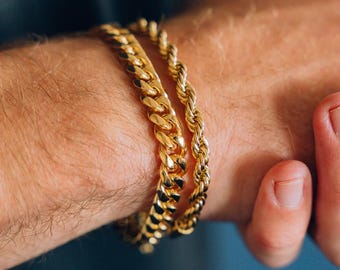 Bracelets homme - Chaîne de bracelet en or 18 carats pour homme - Bracelet à maillons cubains en or - Bracelet chaîne en corde dorée - Bijoux pour homme - Pendentif torsadé