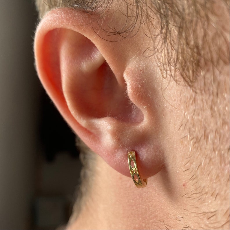 Mens Hoop Earrings Mens Patterned Gold Hoops, 12mm Mens Silver Huggie Earrings, Mens Earrings Gold Earrings Men By Twistedpendant image 2