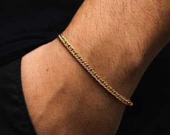 18k Gold Bracelet Men, Mens Bracelet 3mm Curb Chain, Thin Gold Bracelet Cuban Link, Gold Bracelet Chains for Man - By Twistedpendant