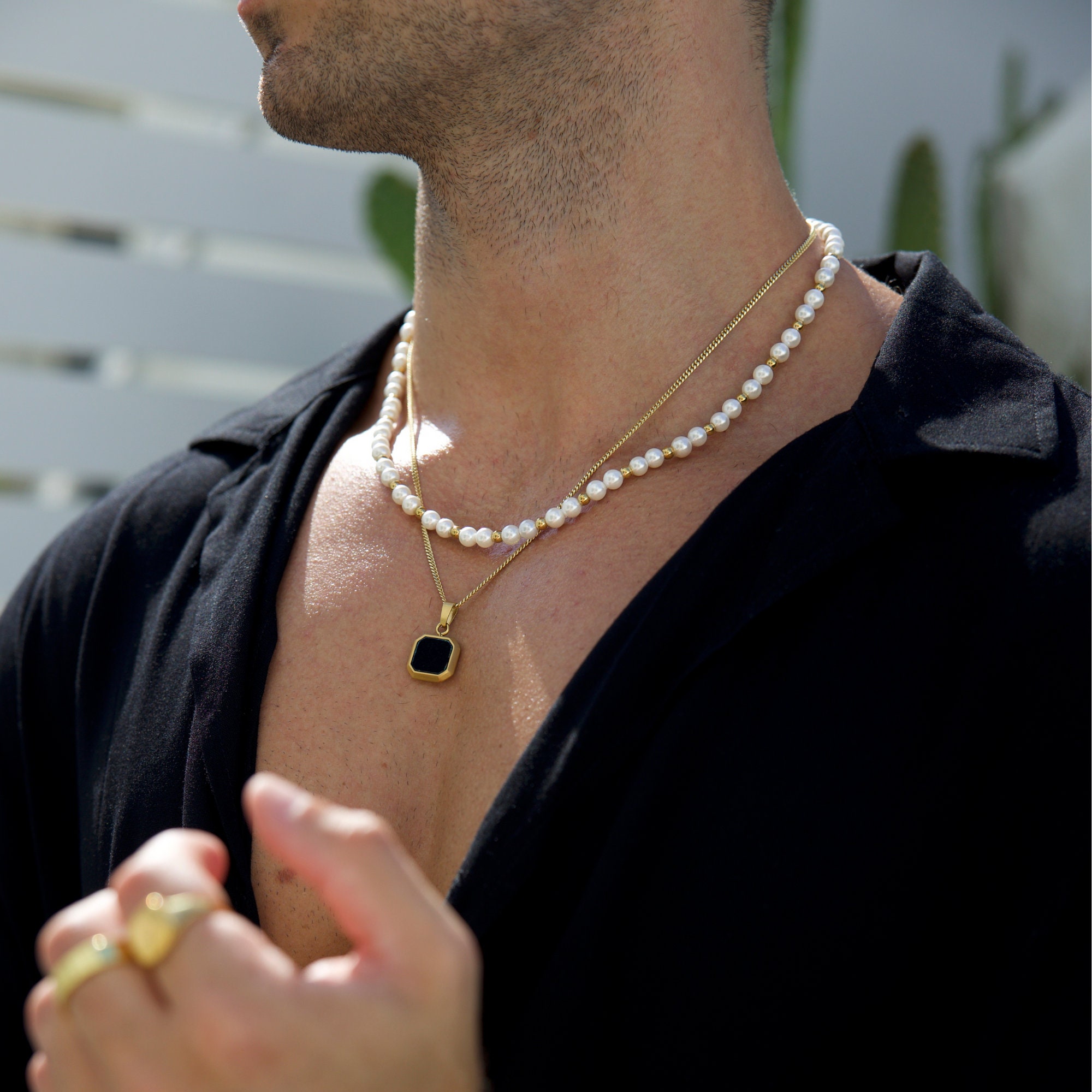 18K Gold Onyx Pendant Necklace - Mens Gold Necklace - Black Onyx