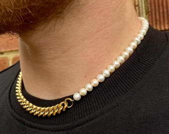 Mens Pearl and Gold Necklace, Mens Necklace, Gold Chain Man, Shell