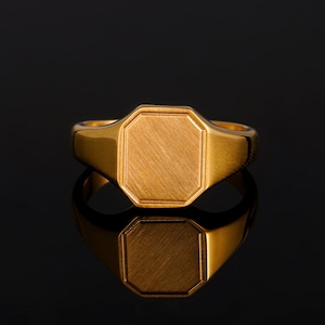 May include: A gold-toned signet ring featuring an octagonal face with a brushed, matte finish. The band is smooth and polished, creating a reflective surface. The ring is centered, showcasing its geometric design and metallic texture clearly.