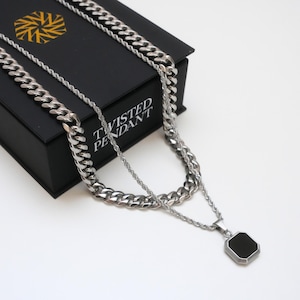 Mens Necklace Set - Silver Black Onyx Pendant Necklace For Men - Onyx Pendant With Thick Cuban Chain Set - Mens Jewelry - By Twistedpendant