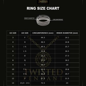 May include: A ring size chart with a black and white ring in the top left corner. The chart shows US ring sizes, UK ring sizes, circumference in millimeters, and inner diameter in millimeters.