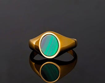 Anillo de oro con malaquita verde para hombre - Anillo de sello con gema de oro - Anillo de sello de oro de 18 quilates - Anillos de oro para hombre - Anillo para el meñique - Regalos de joyería para hombre