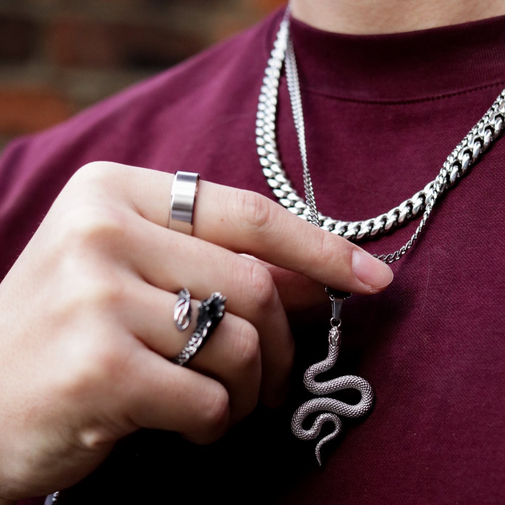 Collier Pendentif Serpent Argenté – Double Chaîne – Style Bohème Et Rétro – Pour Femmes