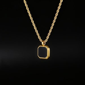18K Gold Black Onyx Pendant Necklace - Square Gold Pendant, Mens Gold Necklace - Gold Chain Pendant - Mens / Womens Jewelry Gifts