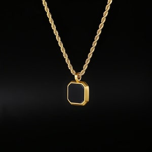 18K Gold Schwarzer Onyx Anhänger Halskette - Quadratischer Goldanhänger, Herren Goldkette - Goldkettenanhänger - Herren / Damen Schmuck Geschenke