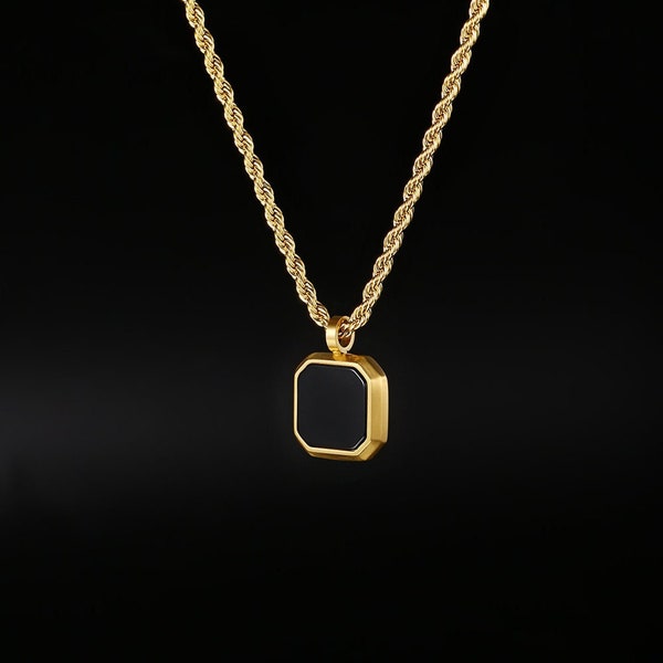 Collier pendentif en or 18 carats onyx noir - pendentif carré en or, collier en or pour homme - pendentif chaîne en or - cadeaux bijoux homme/femme