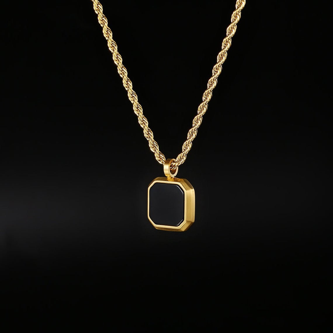 18K Gold Black Onyx Pendant Necklace - Square Gold Pendant, Mens