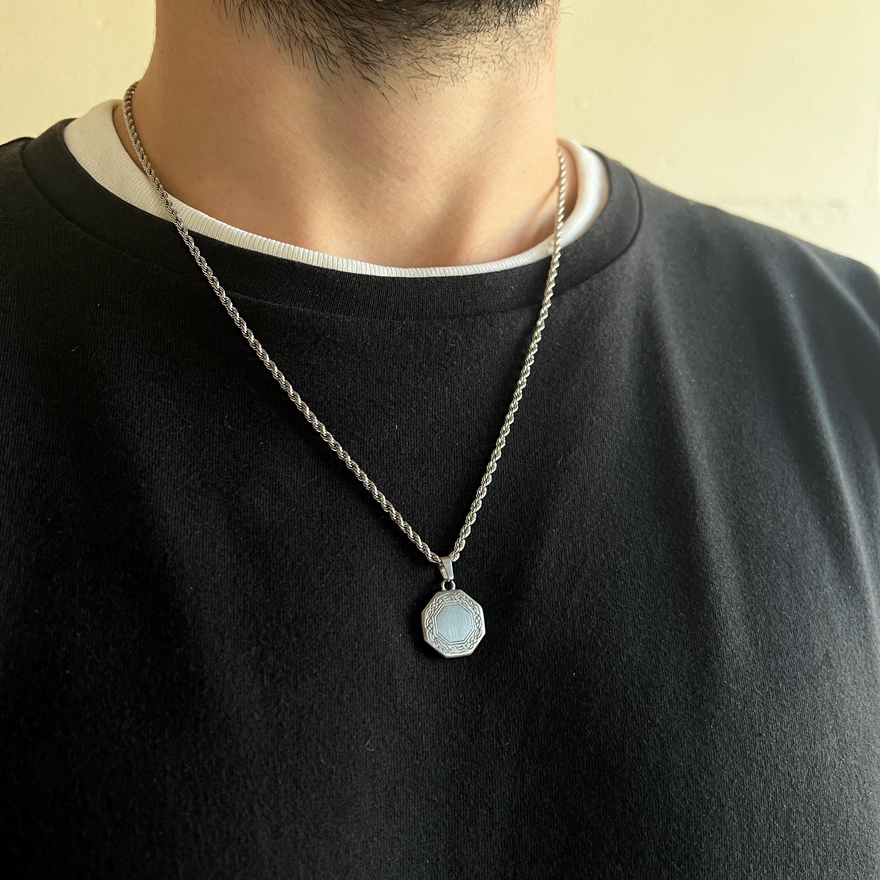 Mens Necklace - Vintage Silver Octagon Pendant - Small Pattern Necklace Men - Matte Pendant Necklace Chain Mens Jewelry - By Twistedpendant