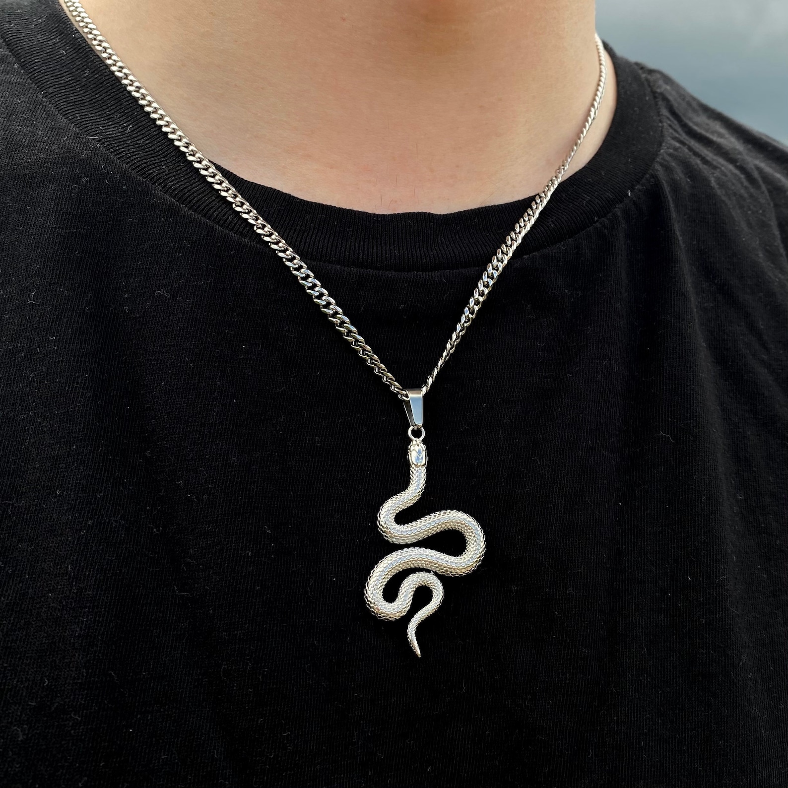 Mens Necklace Silver Snake Pendant Necklace Stainless Steel Etsy UK