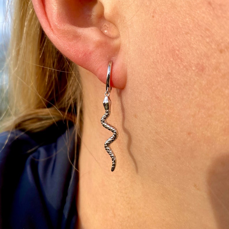 925 Sterling Silver Snake Earrings Snake Hoop Earrings, 18k Gold Snake Earrings, Women's Silver Snake Charm Earrings, Gold Snake Hoops image 3
